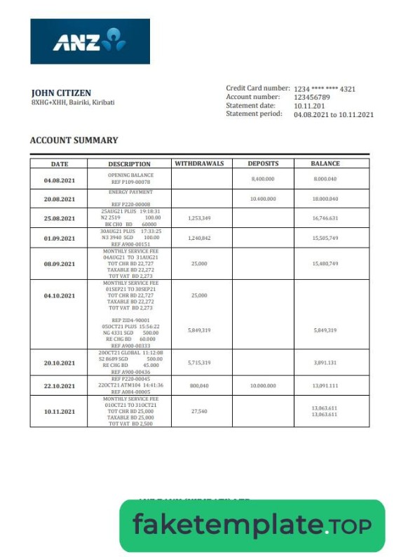 Feature of fake Kiribati ANZ bank statement